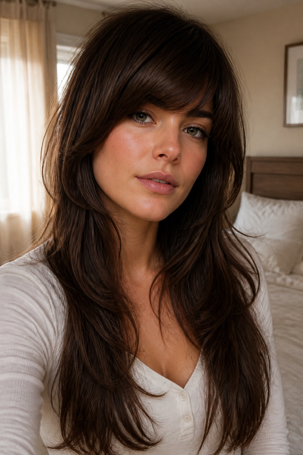 Close-up of a real woman with long layers and a thick sweeping fringe