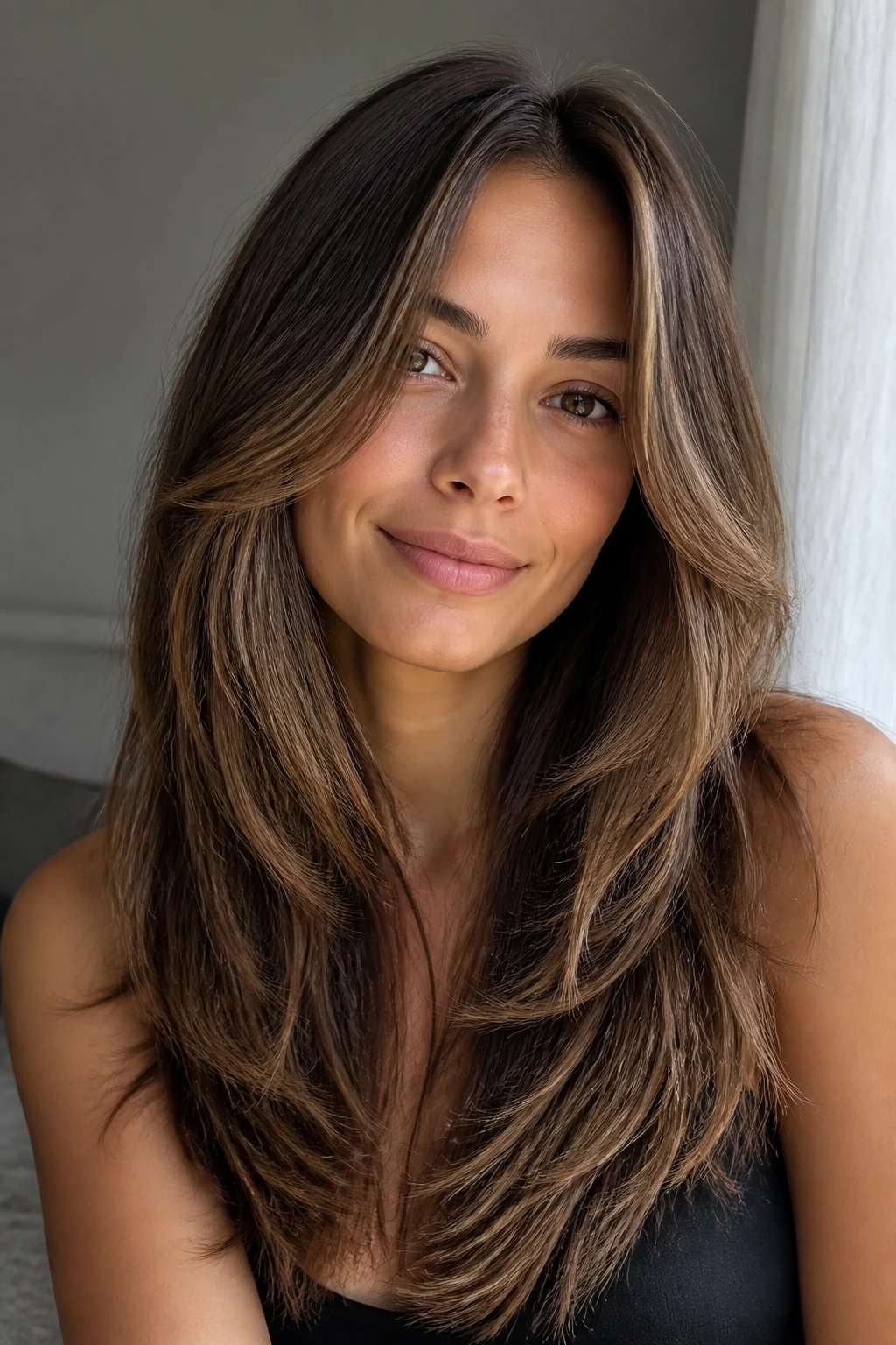 Close-up portrait of a woman with long layered hair that grows out gracefully