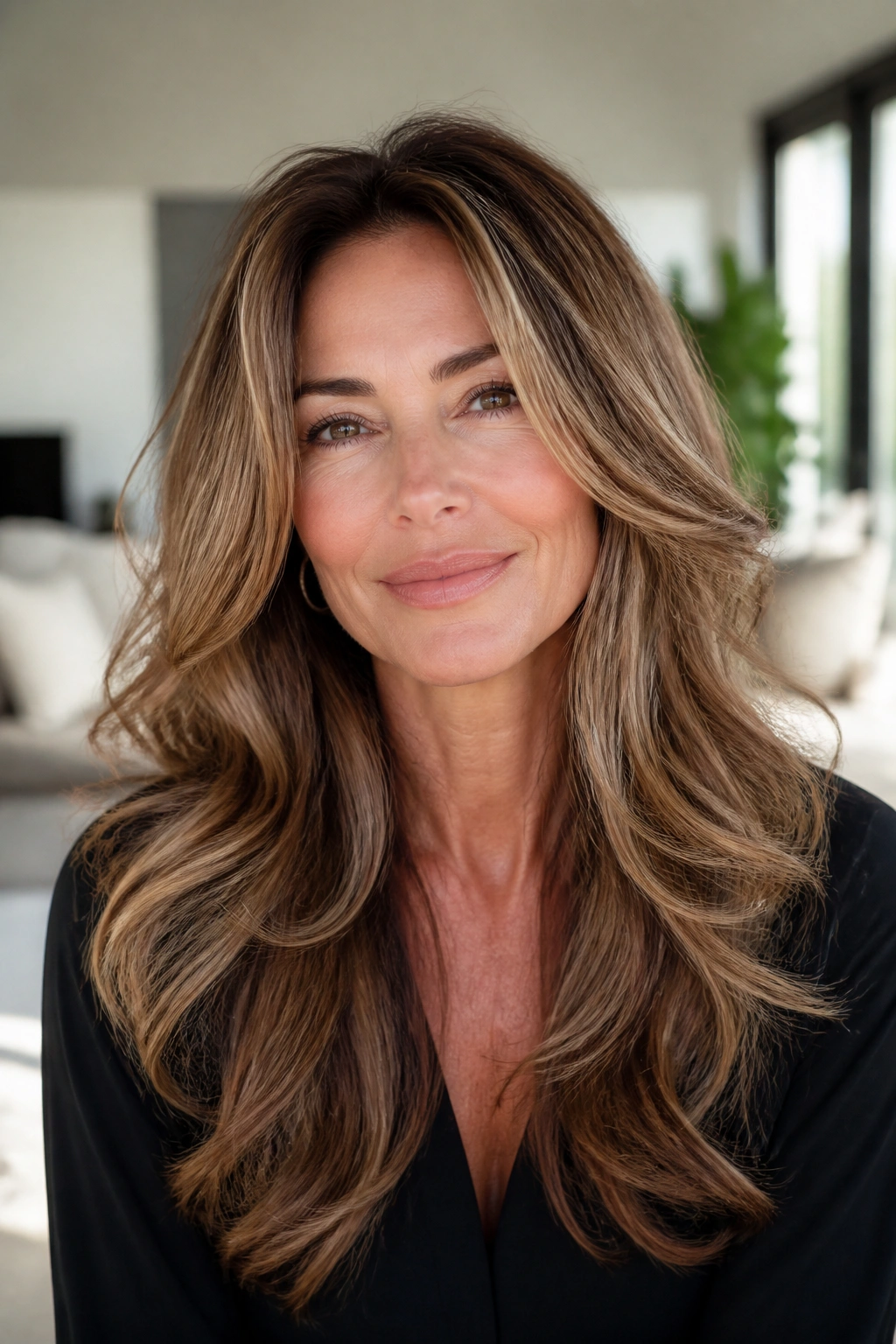 Close-up of woman with long layered hair for thicker hair