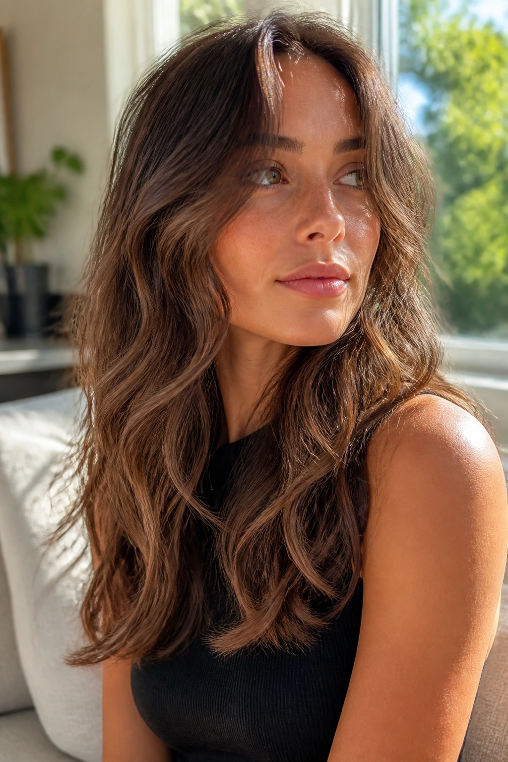 Portrait of a person with long natural waves and face-framing layers