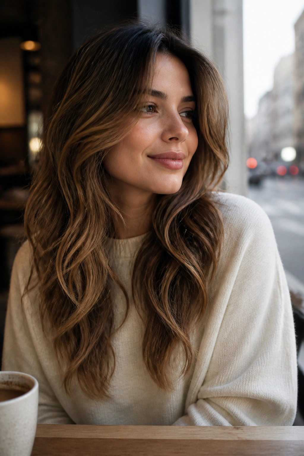 Close-up portrait of a real woman with long layered waves around the cheeks