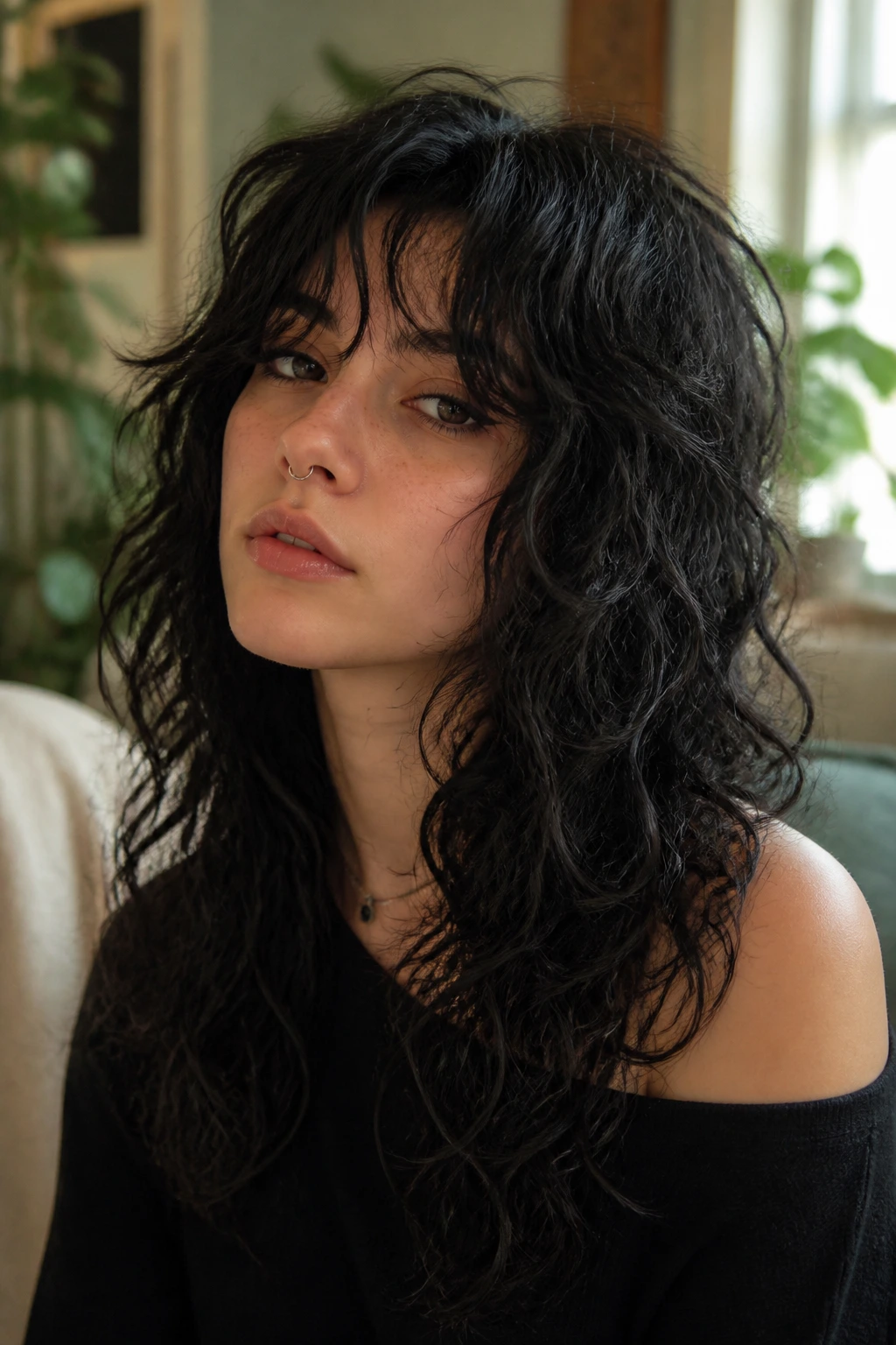Real person with long-length emo wolf cut for loose curls in a sunlit living room