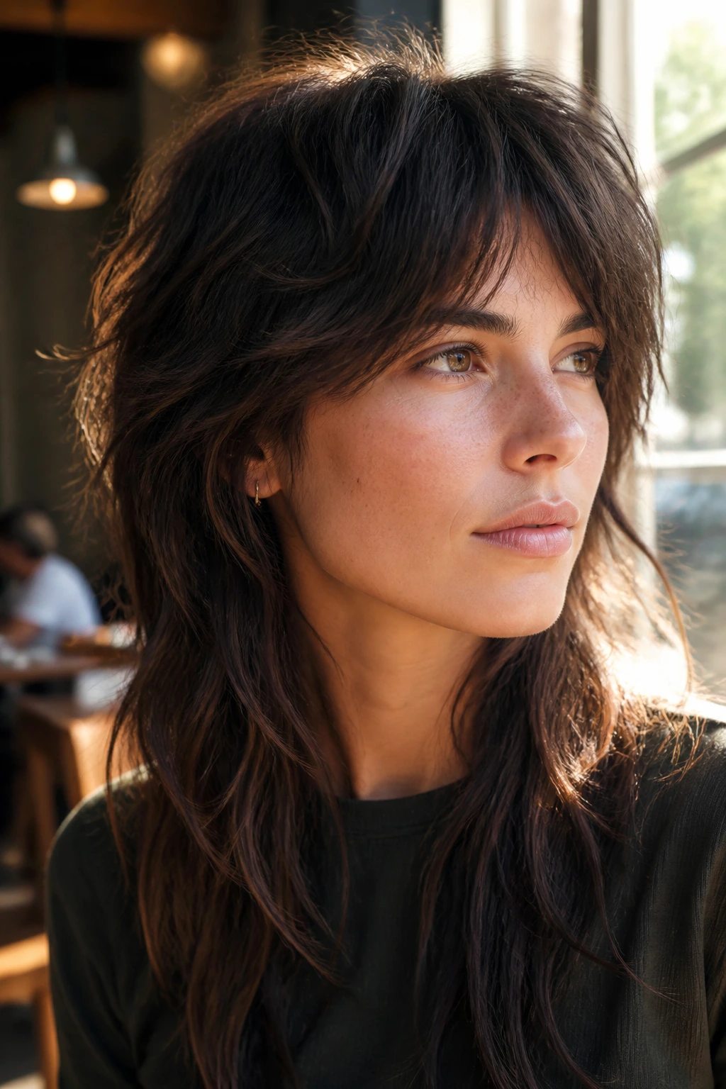 Close-up portrait of a woman with a long mullet and layered front