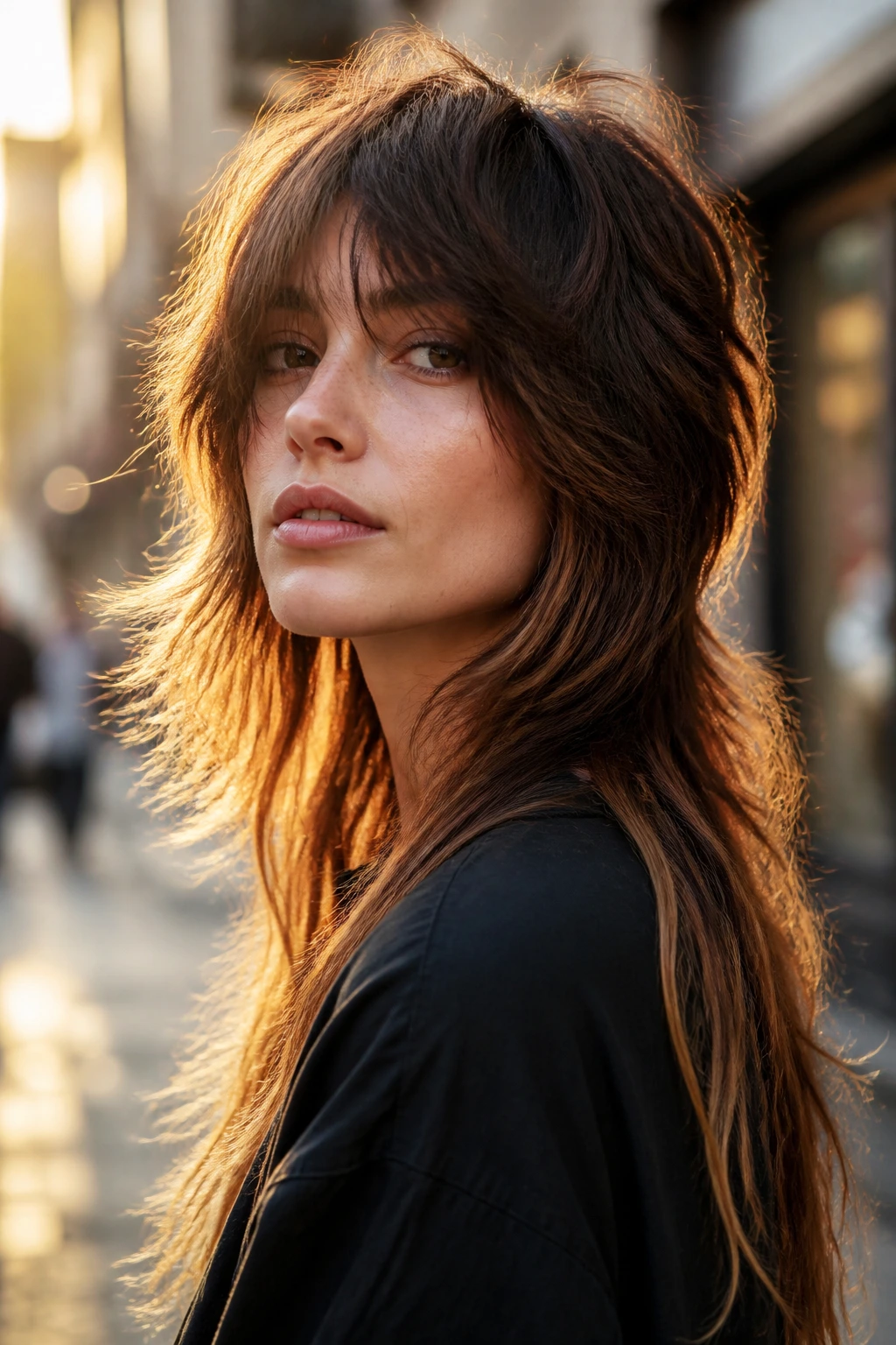 Close-up portrait of a real woman with Long Mullet Shag with Blended Length in golden hour light