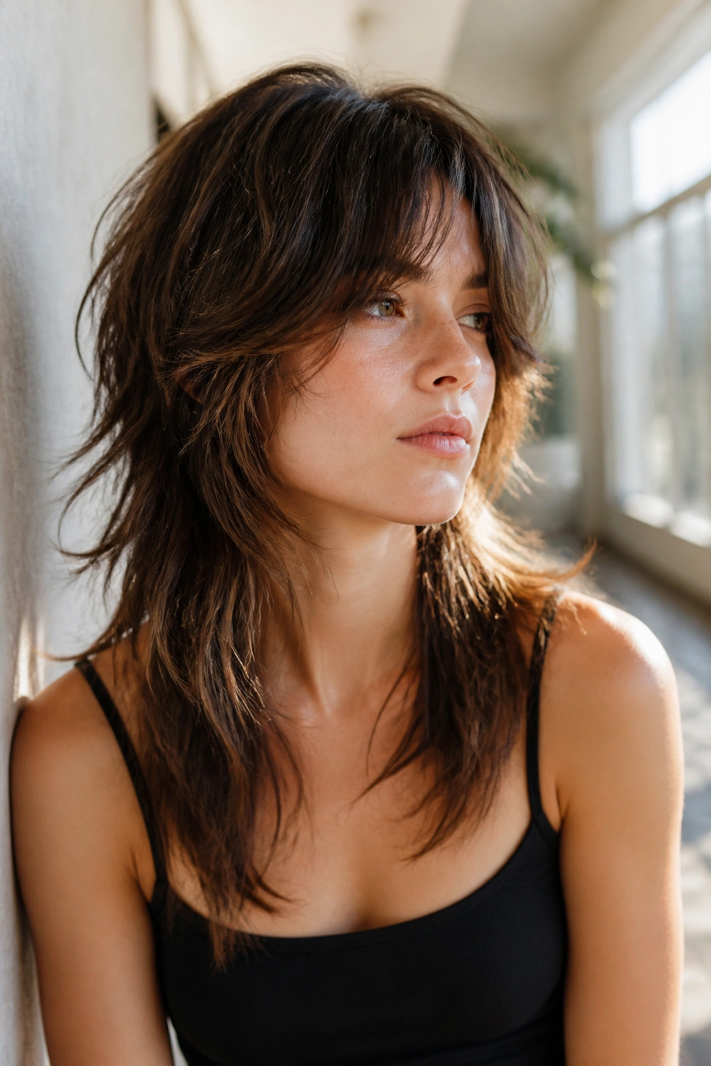 Portrait of a woman with long mullet shag and collarbone layers