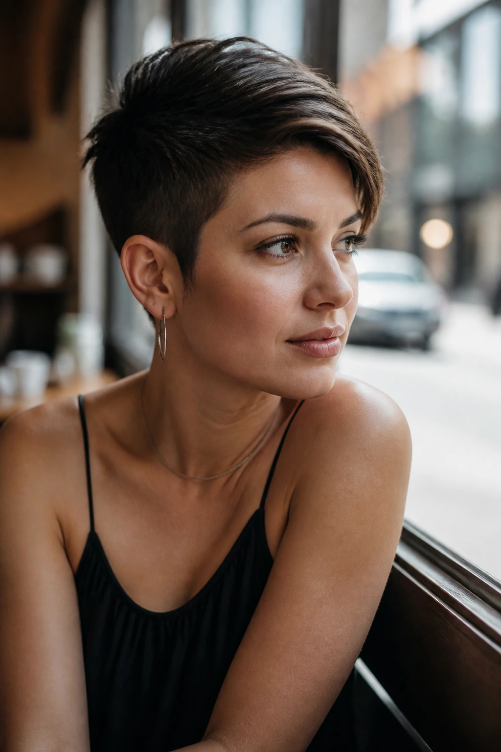 Close-up of a real woman with a long-on-top pixie hairstyle in warm cafe light
