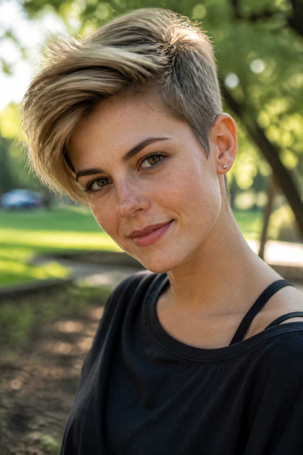 Portrait of woman with long-on-top pixie, longer top and short sides, in a park setting.