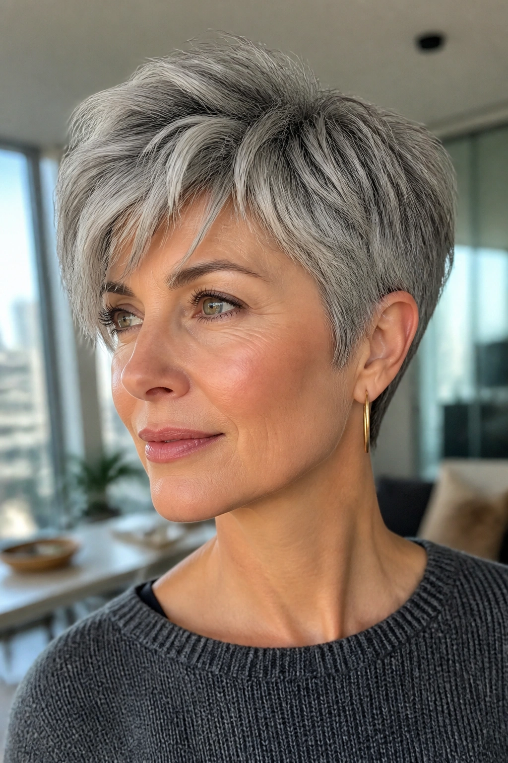 Close-up portrait of a real woman with a long pixie (bixie) hairstyle.