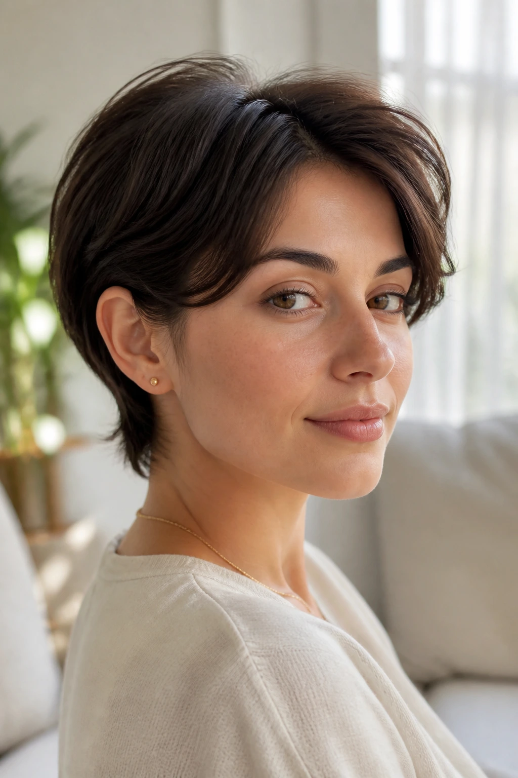 Close-up portrait of a woman with a long pixie hairstyle tucked behind the ears
