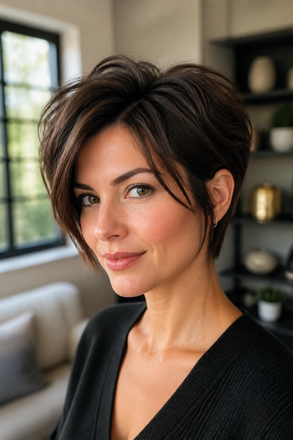 Close-up portrait of a real woman with a long pixie bob hybrid hairstyle