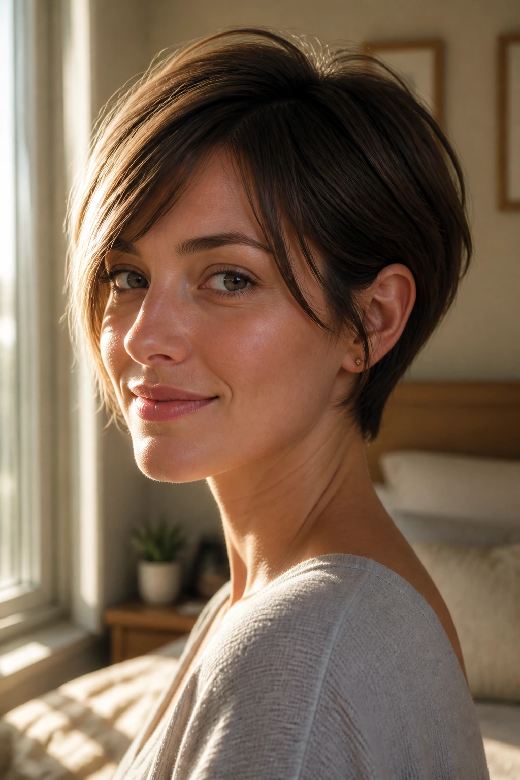 Close-up portrait of a woman with a long pixie bob in a sunlit bedroom