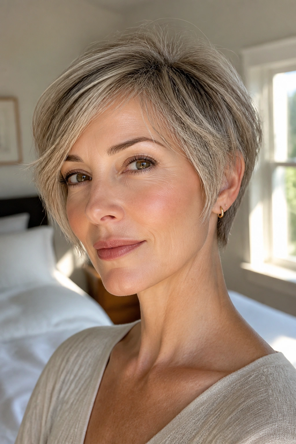 Close-up of a real woman with long pixie and cheekbone layers