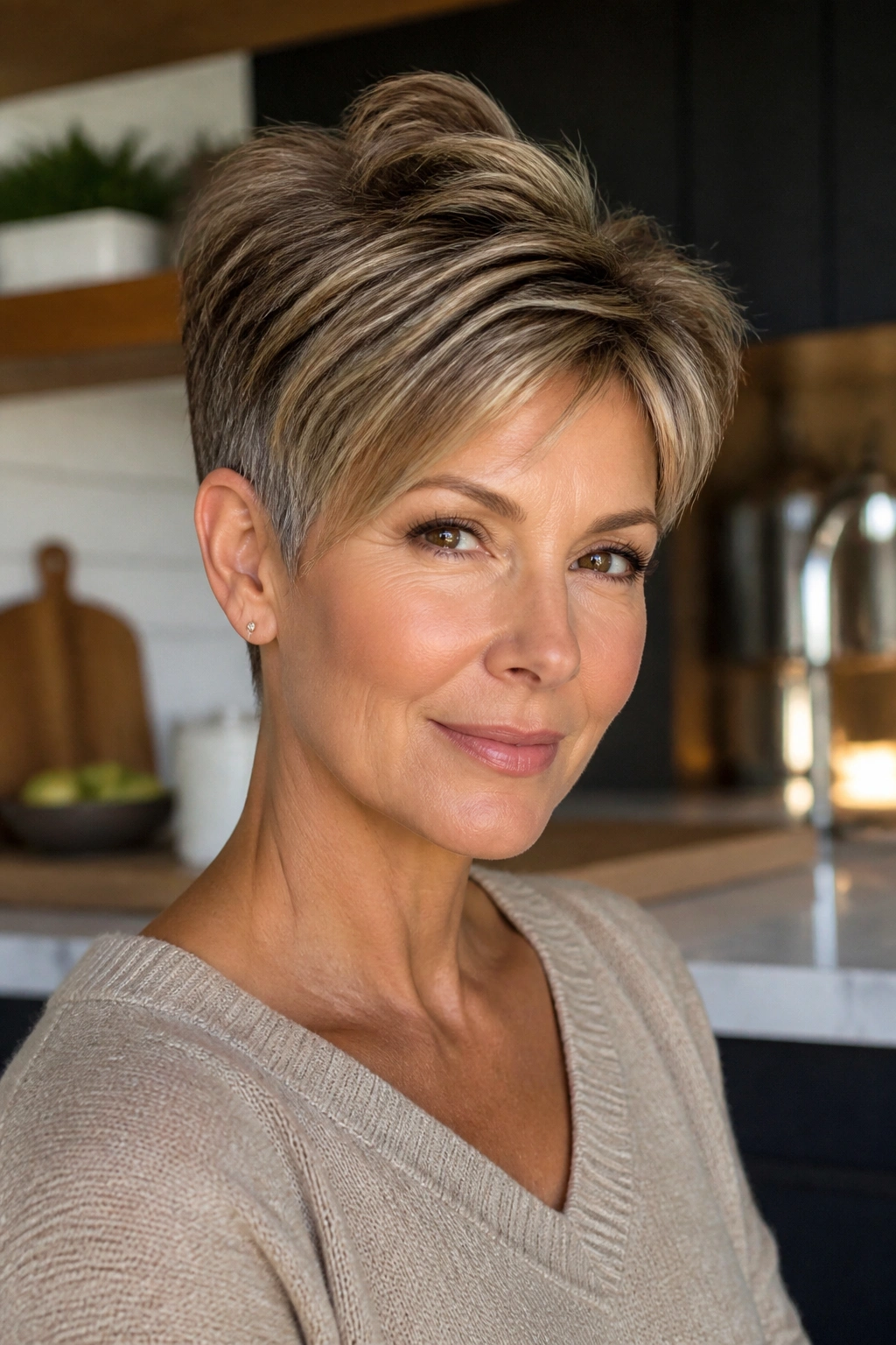Real woman with long pixie hairstyle and crown height