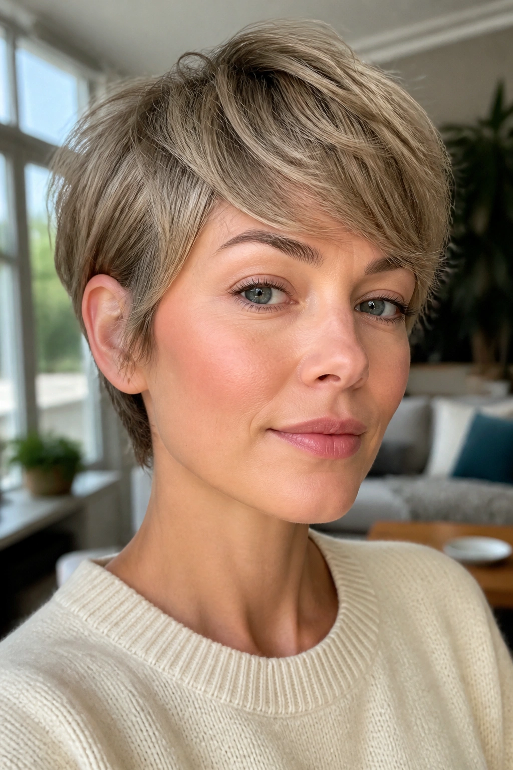 Real person with long pixie with ear-length sides