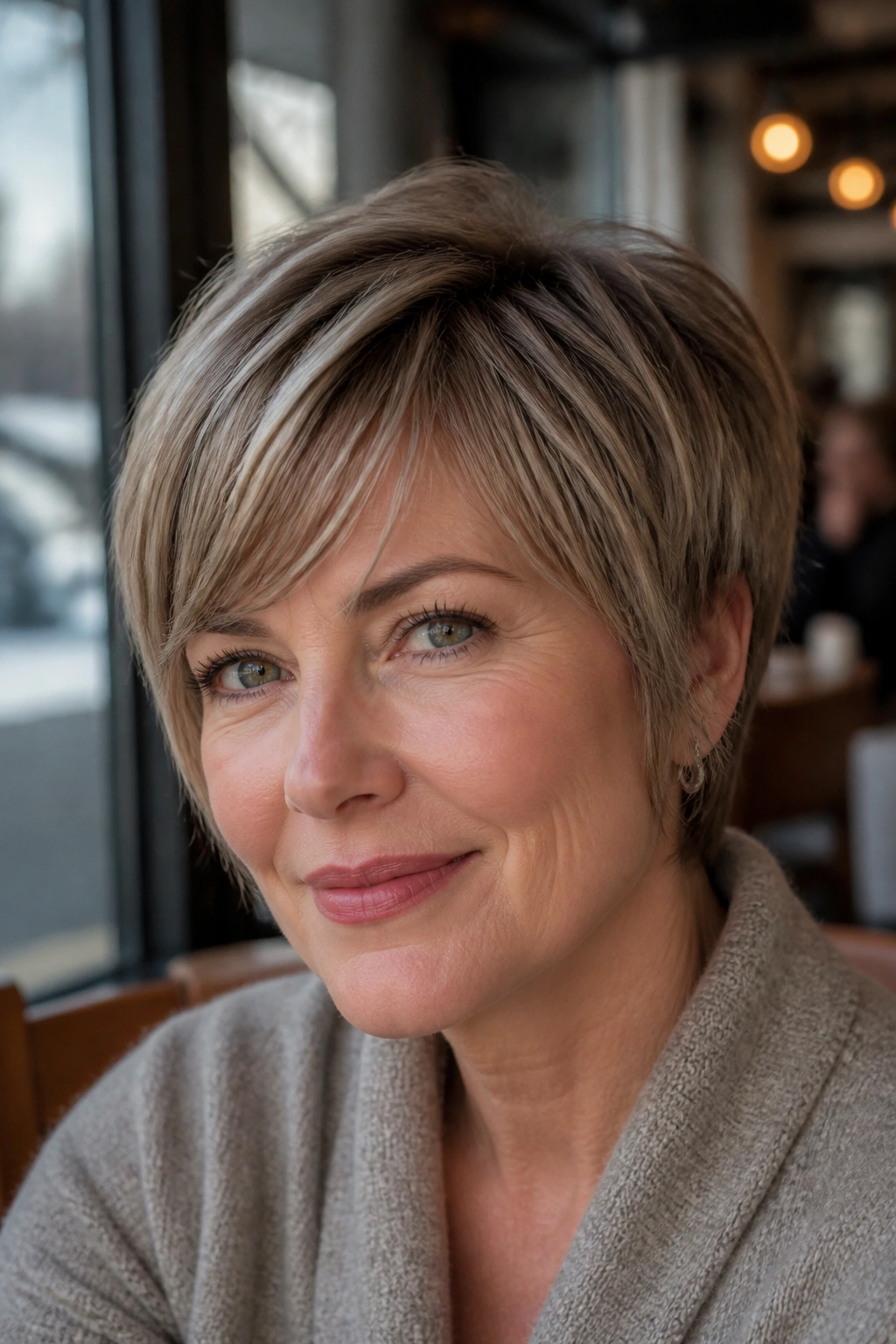 Close-up of a woman with long pixie ear-skimming layers in daylight