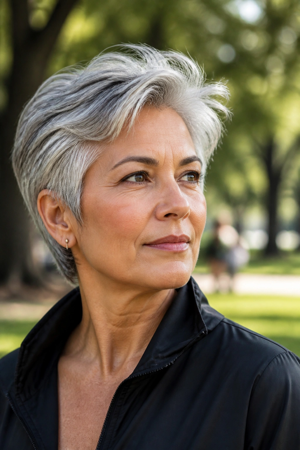 Portrait of a woman with a long pixie and feathered top in a park