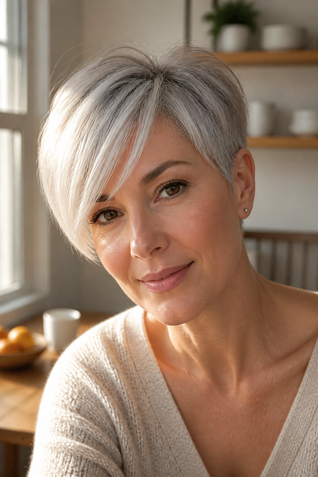 Close-up of a real woman with long pixie and side-swept fringe in bright room