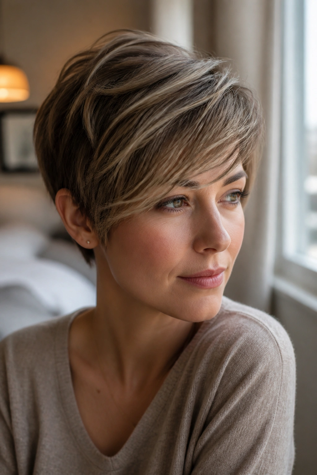 Real woman wearing a long pixie with side-swept fringe