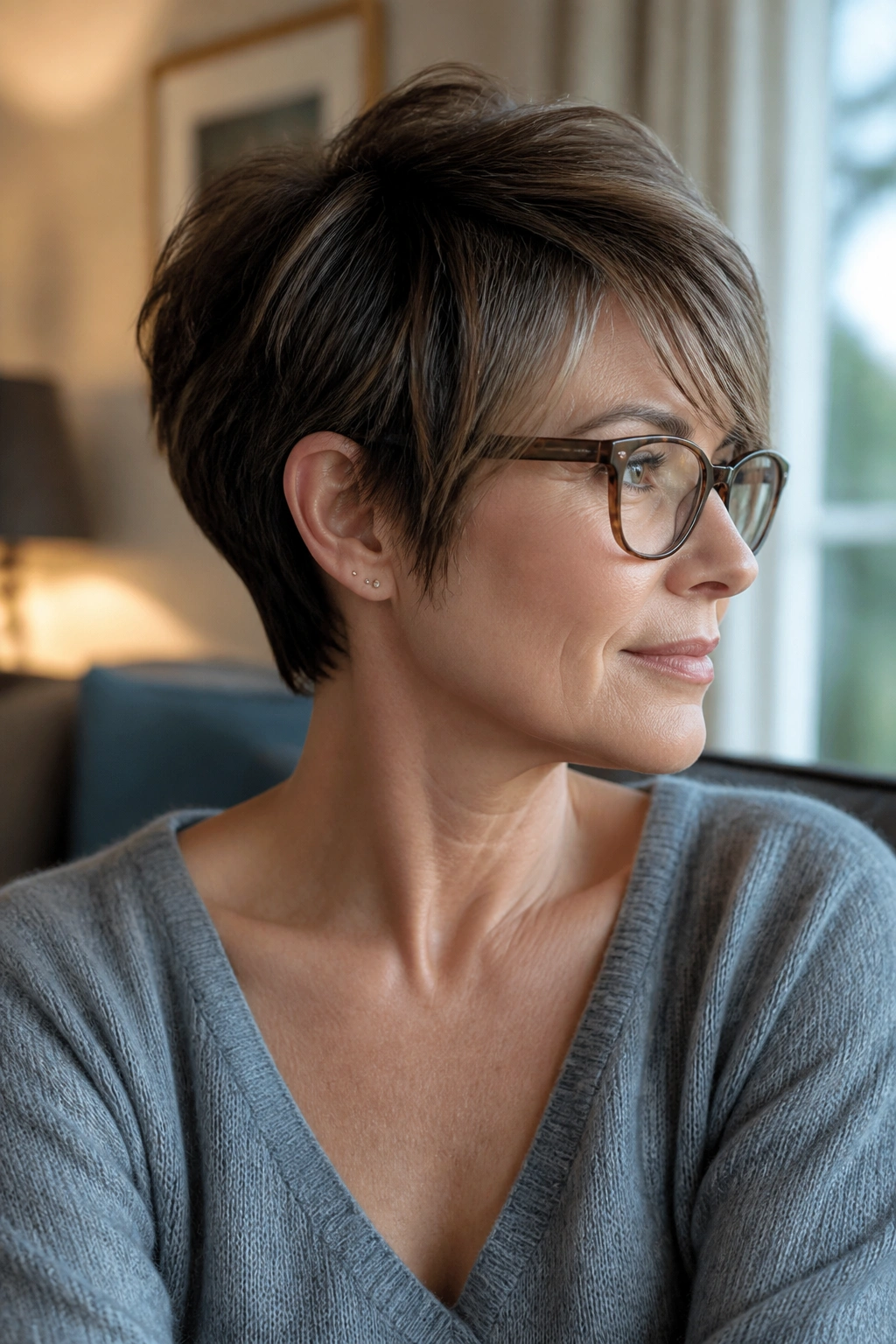 Close-up portrait of a real woman with a long pixie grow-out and glasses in natural window light