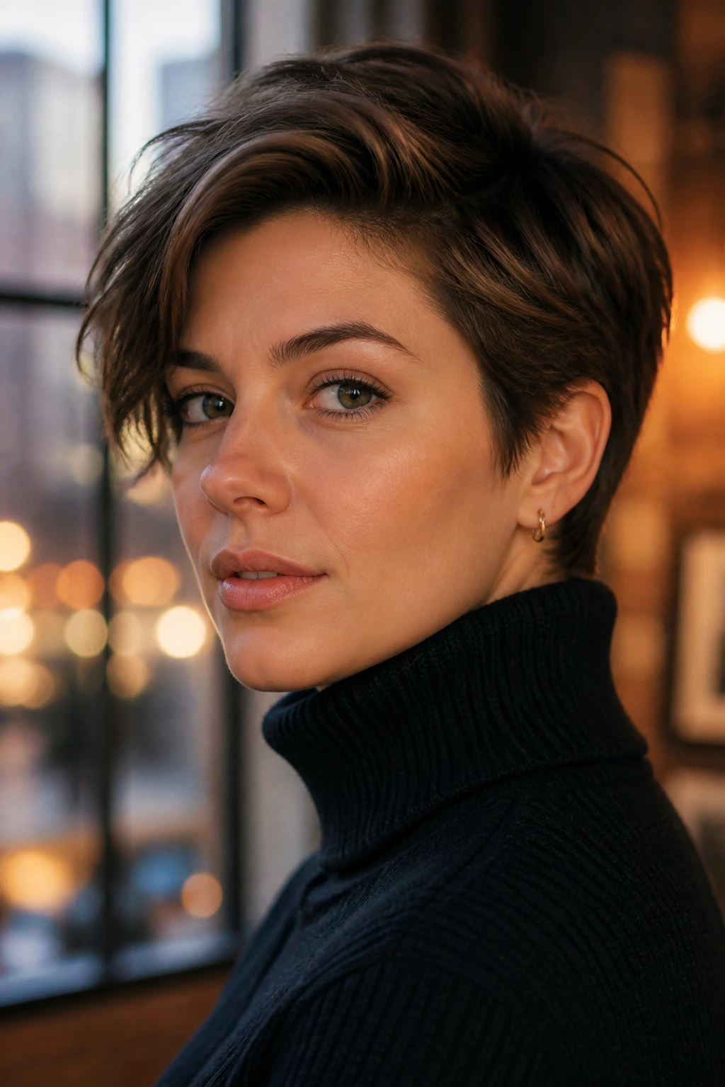 Close-up of a real person with a long pixie haircut in warm urban interior light