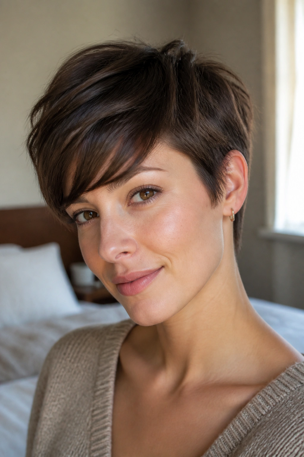 Close-up of a real woman with a long pixie hairstyle in warm window light