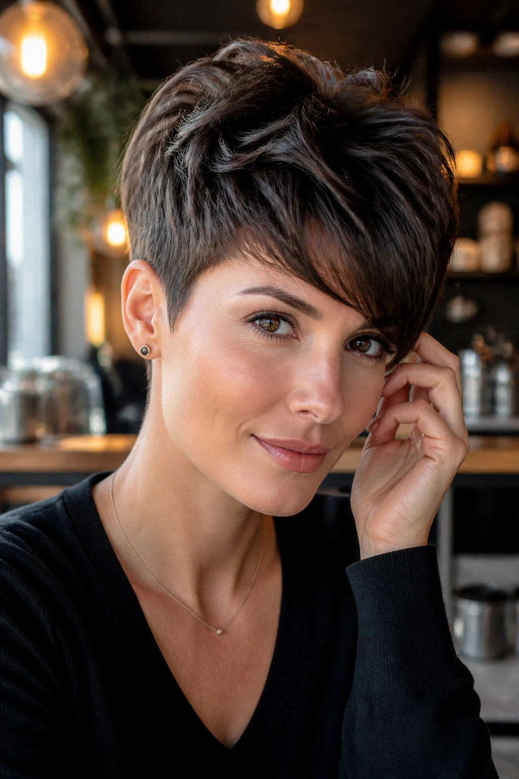 Close-up of real person with long pixie hairstyle