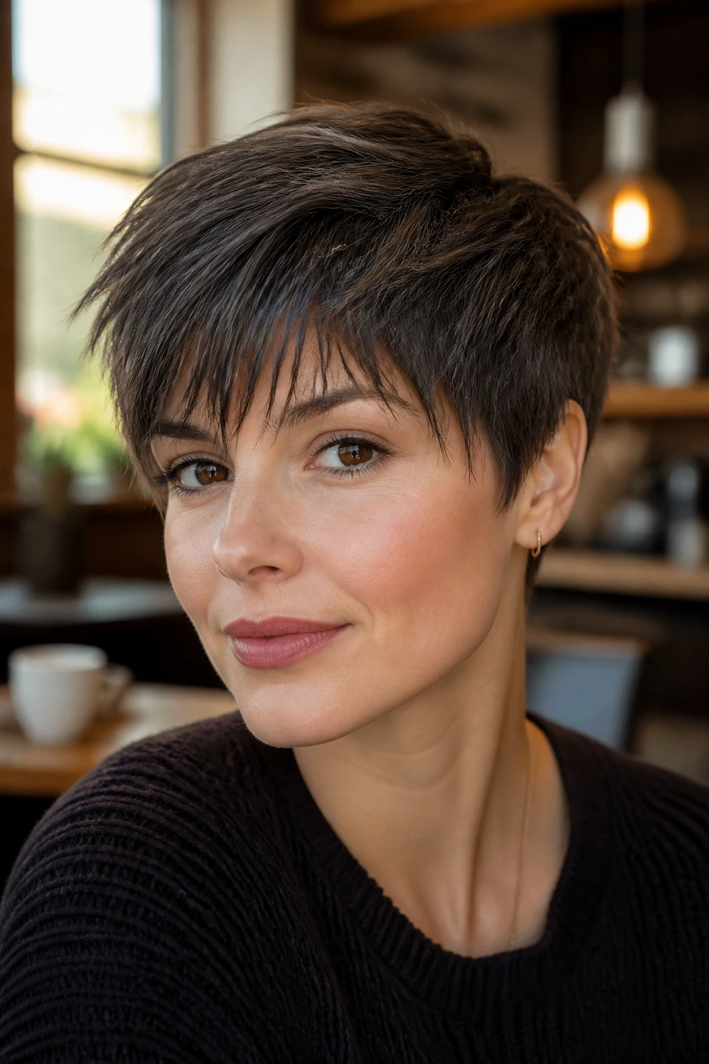 Close-up portrait of a real woman with long pixie and micro-textured fringe