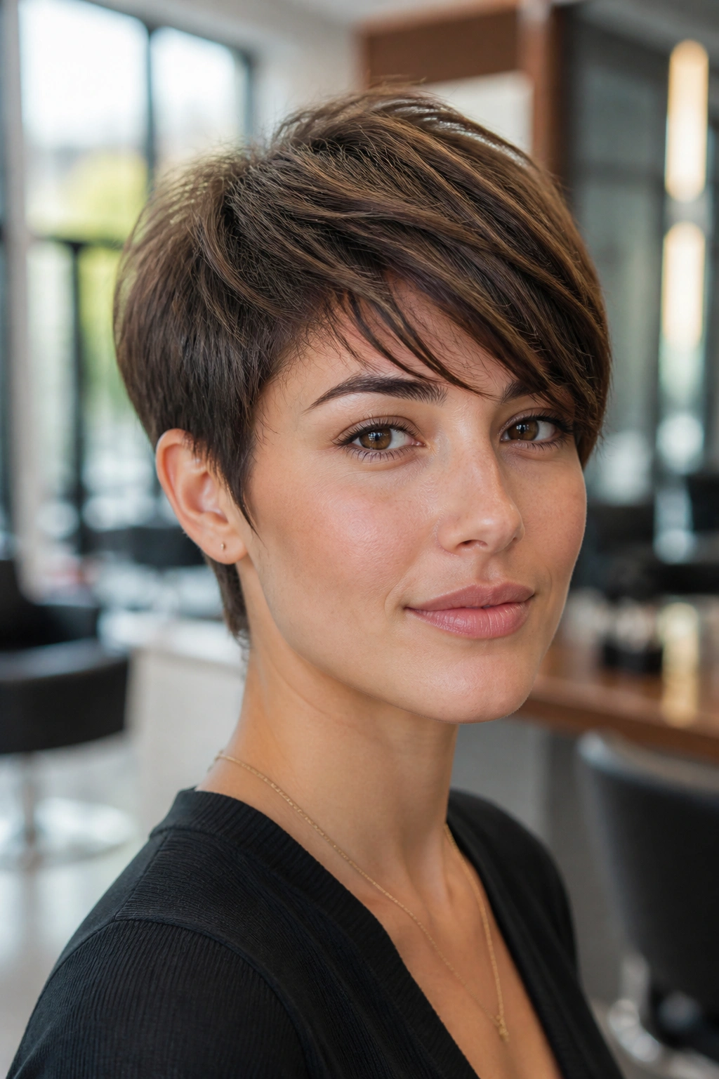 Close-up of a real woman with long pixie on oval face in salon daylight