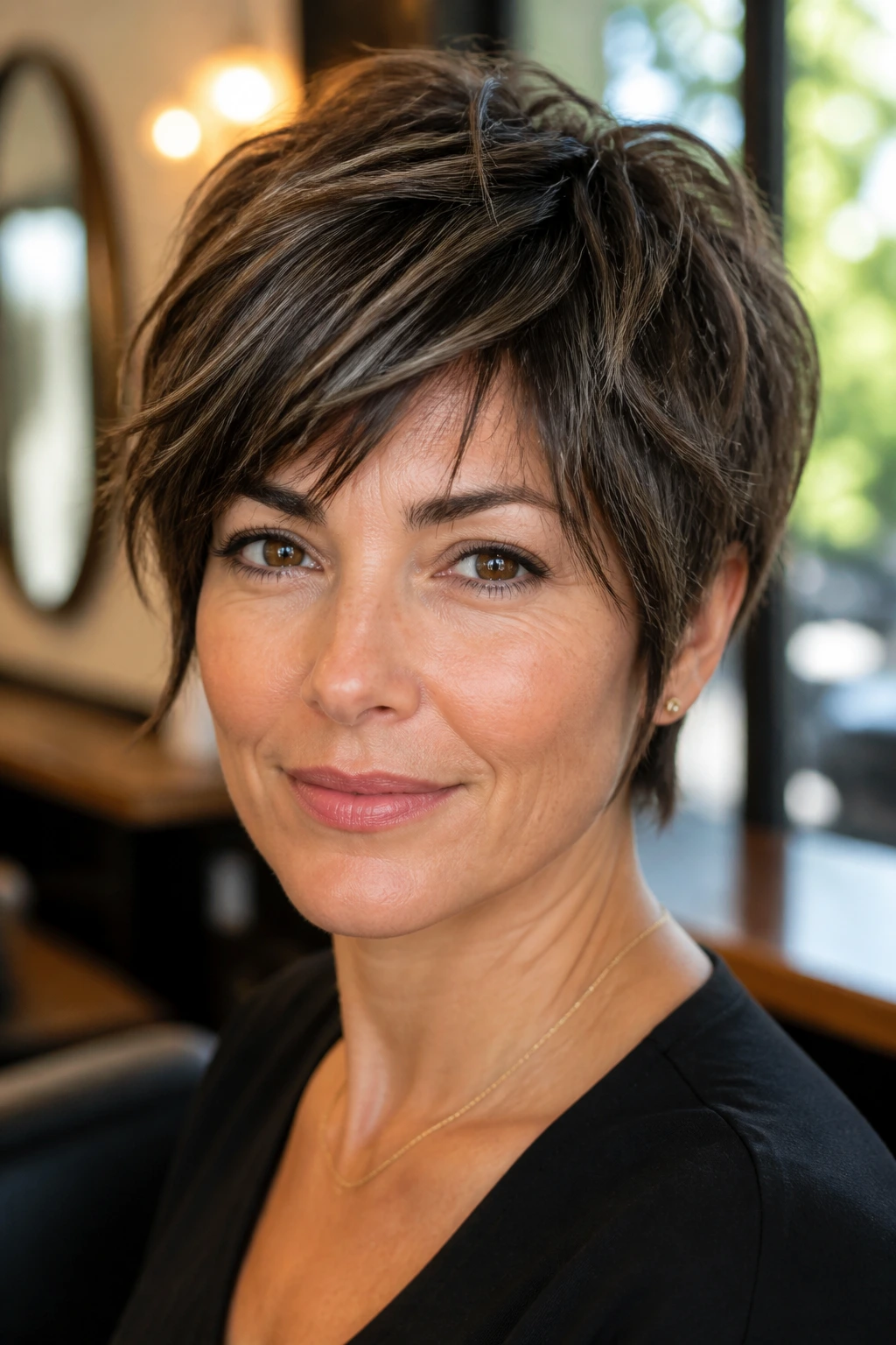 Close-up portrait of a real woman with a classic long pixie with piecey layers