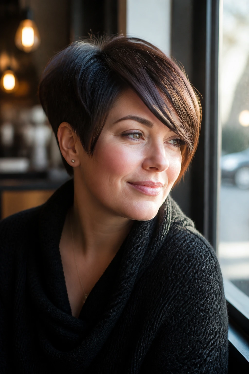 Portrait of a real woman with long pixie cut and side bangs