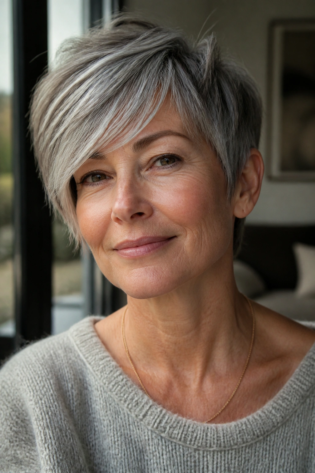 Close-up portrait of a real woman with a long pixie and side-swept bangs in silver-gray hair