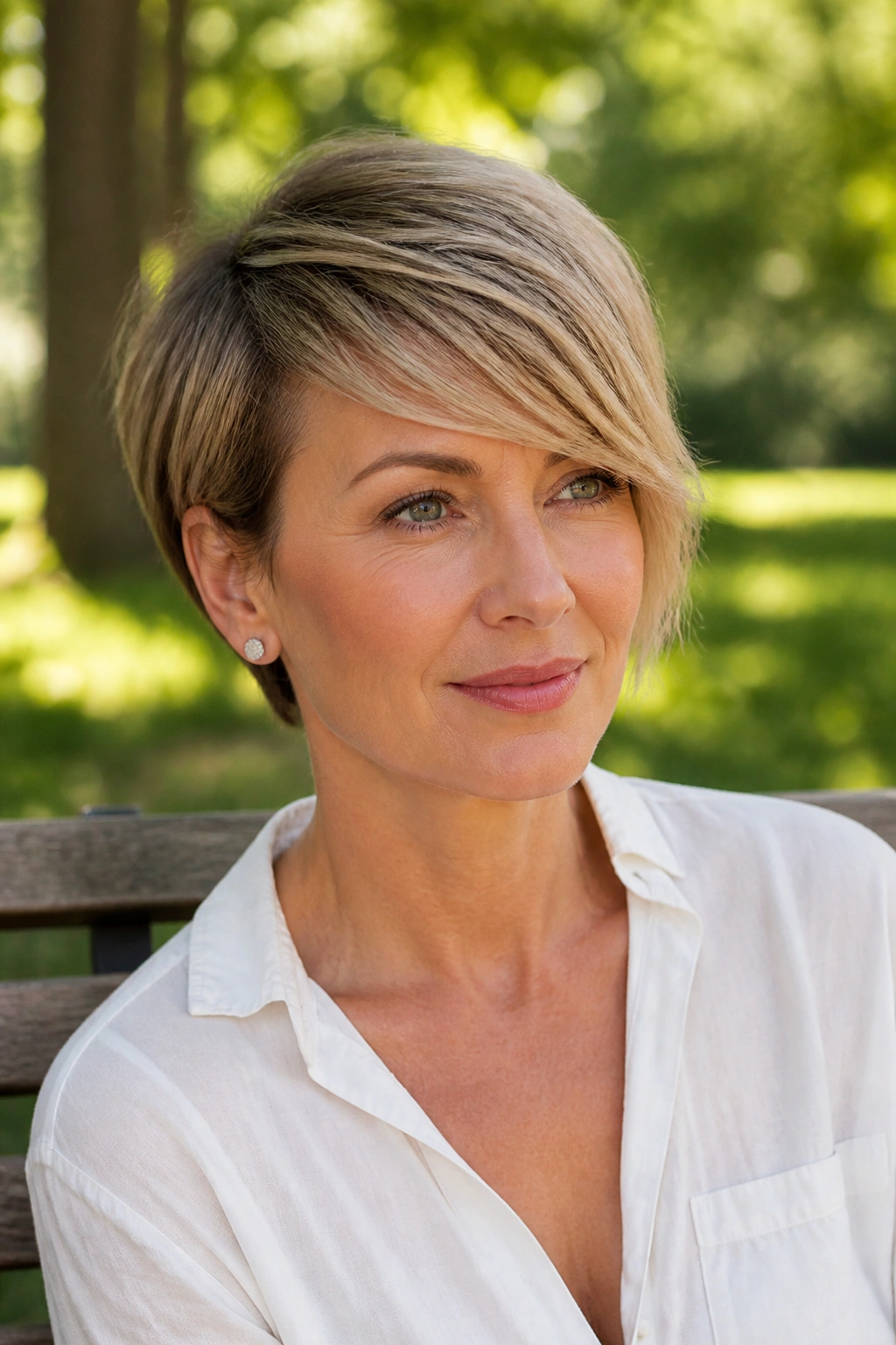 Close-up portrait of a woman with a long pixie and side-swept bangs