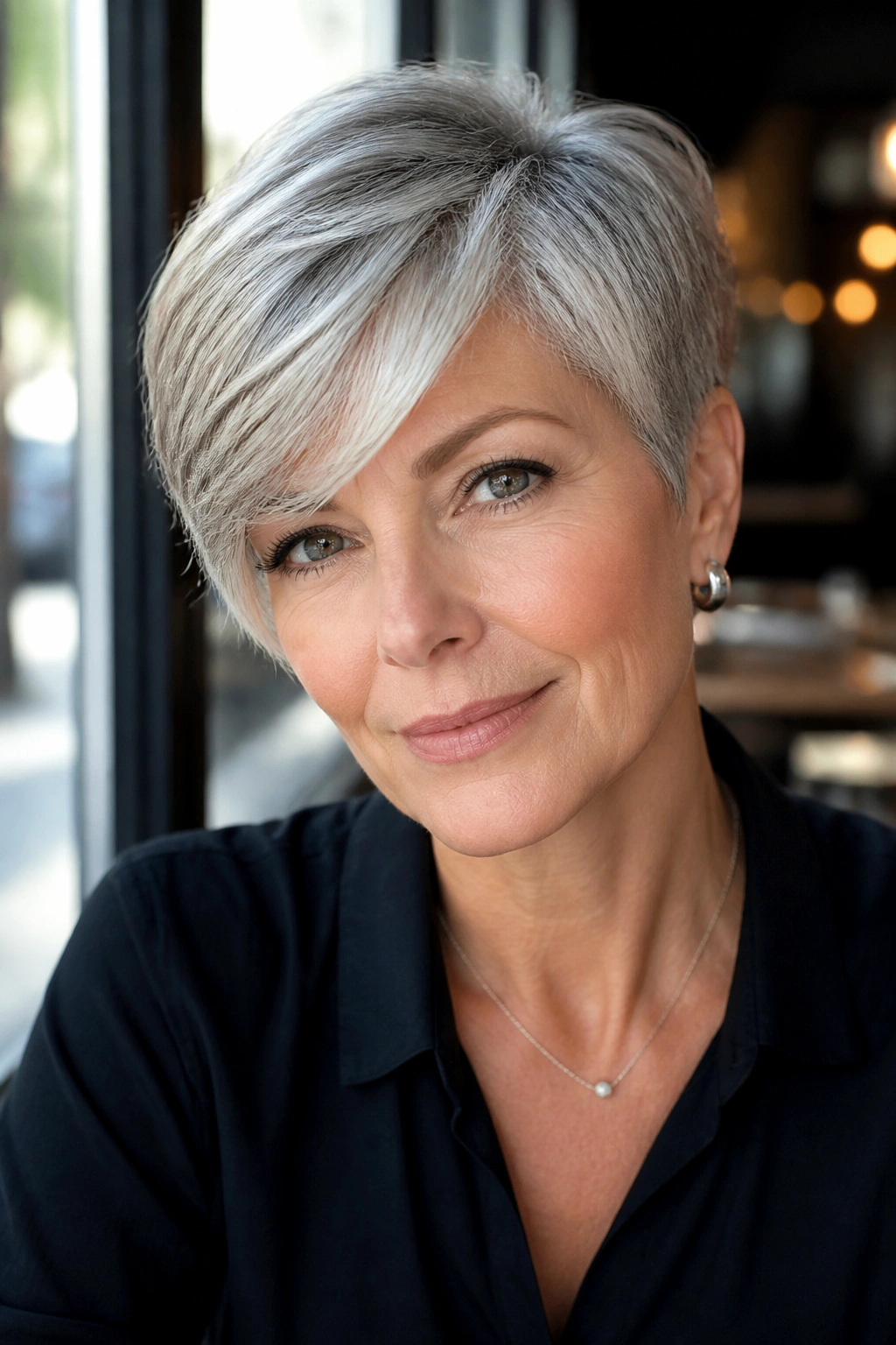 Close-up of a real woman with a long pixie and side-swept bangs, lit by natural cafe window light