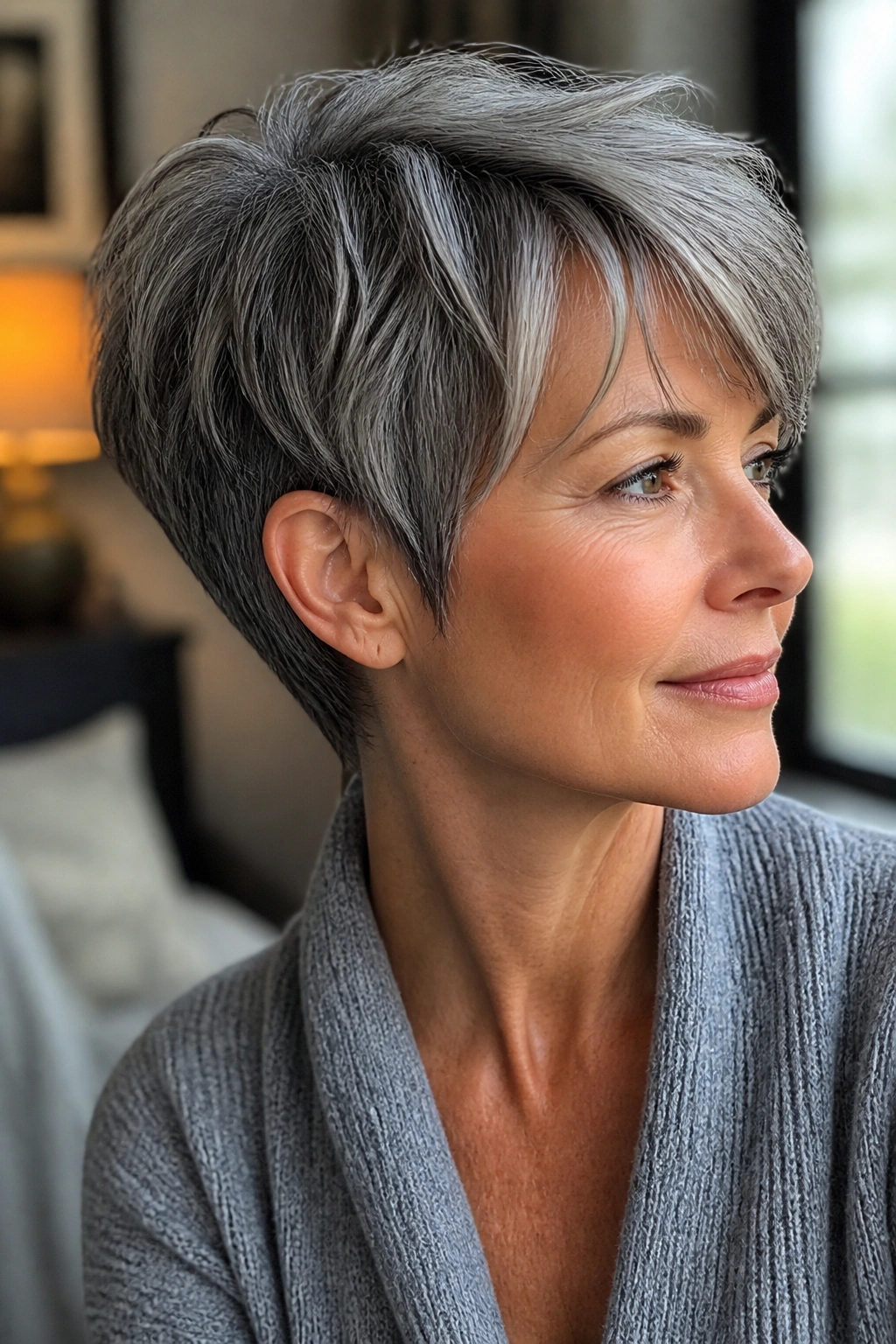 Portrait of a real woman with long pixie and soft nape in salt-and-pepper color.