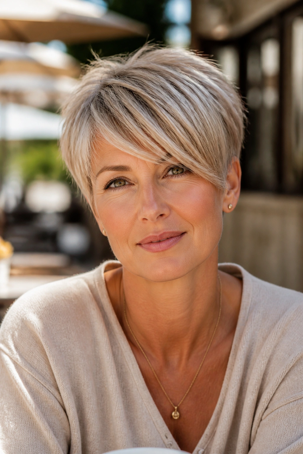 Close-up of a woman with a long pixie haircut and sweeping fringe