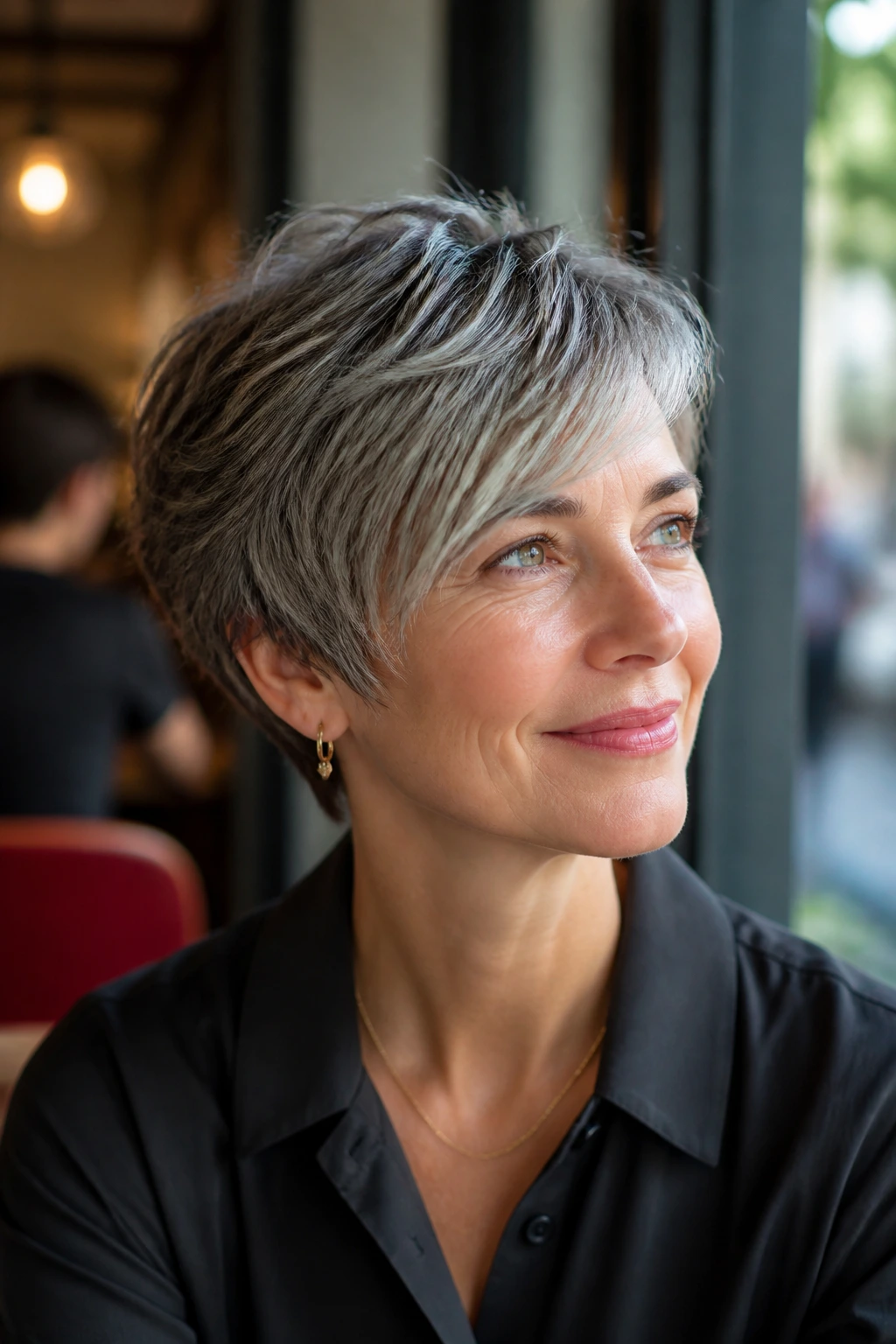 Portrait of a woman with a long pixie and swept bangs.