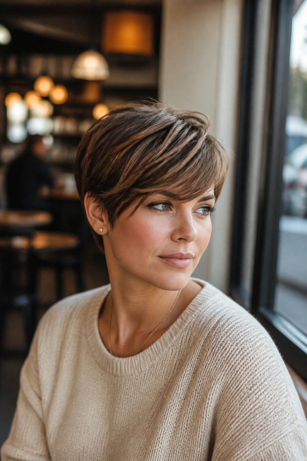 Portrait of a real person with a long pixie and swept fringe