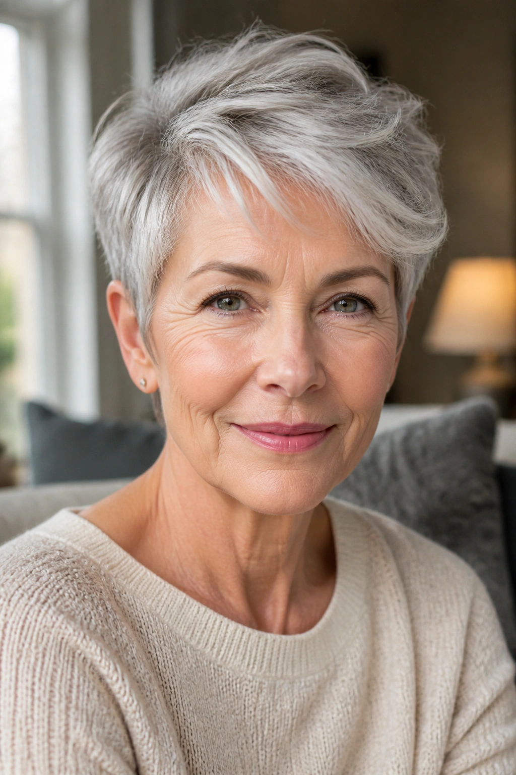 Woman with long pixie and swept-over top in a cozy lit room.