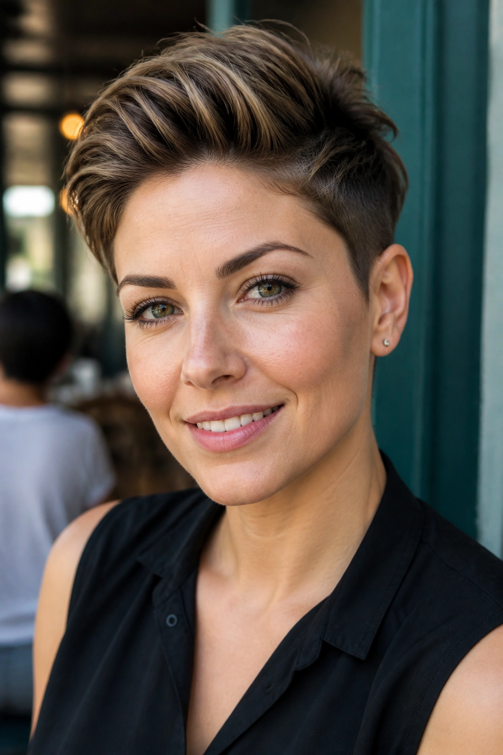 Close-up portrait of a woman with a long pixie and tapered sides