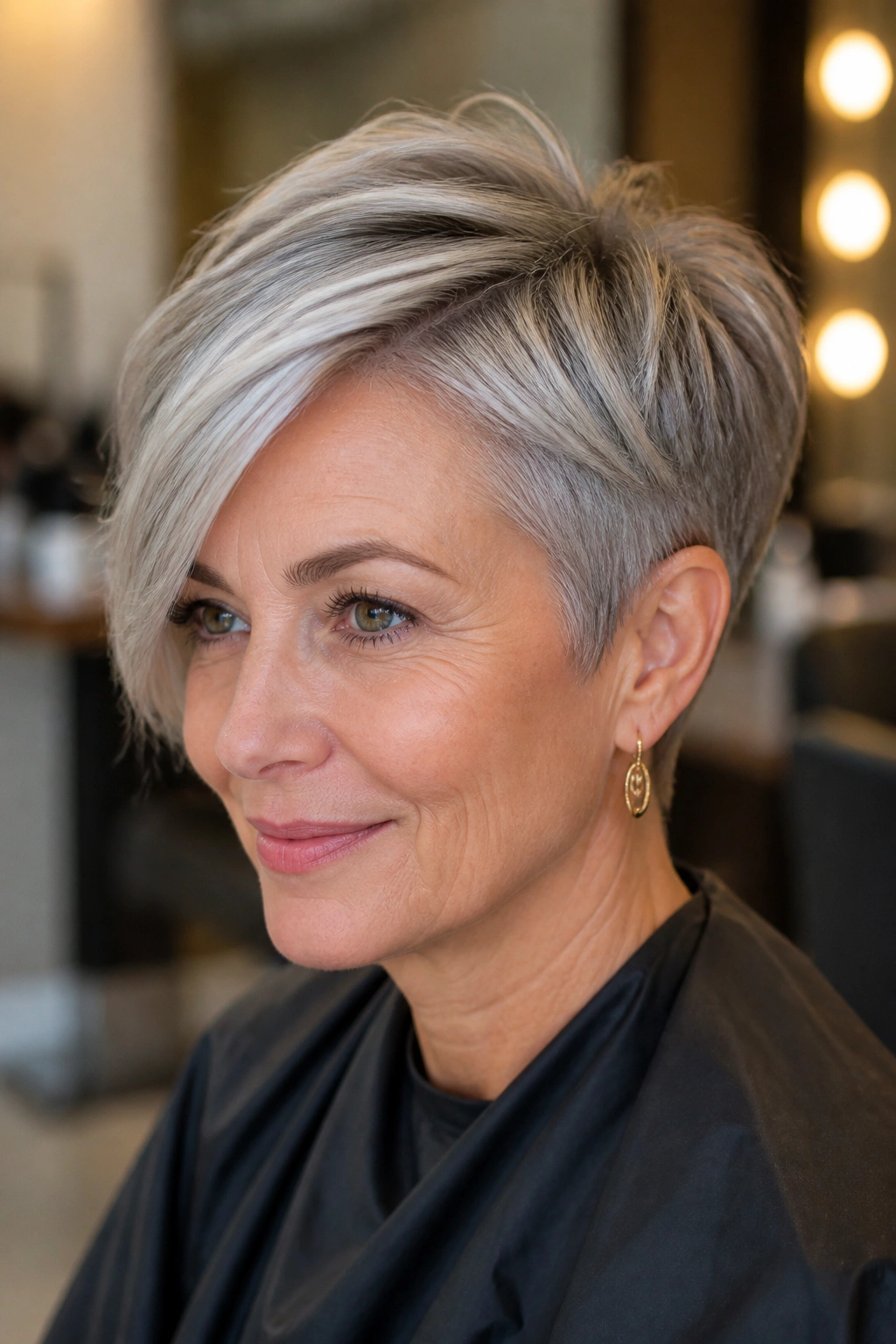 Long pixie hairstyle on a real person in a warm setting.