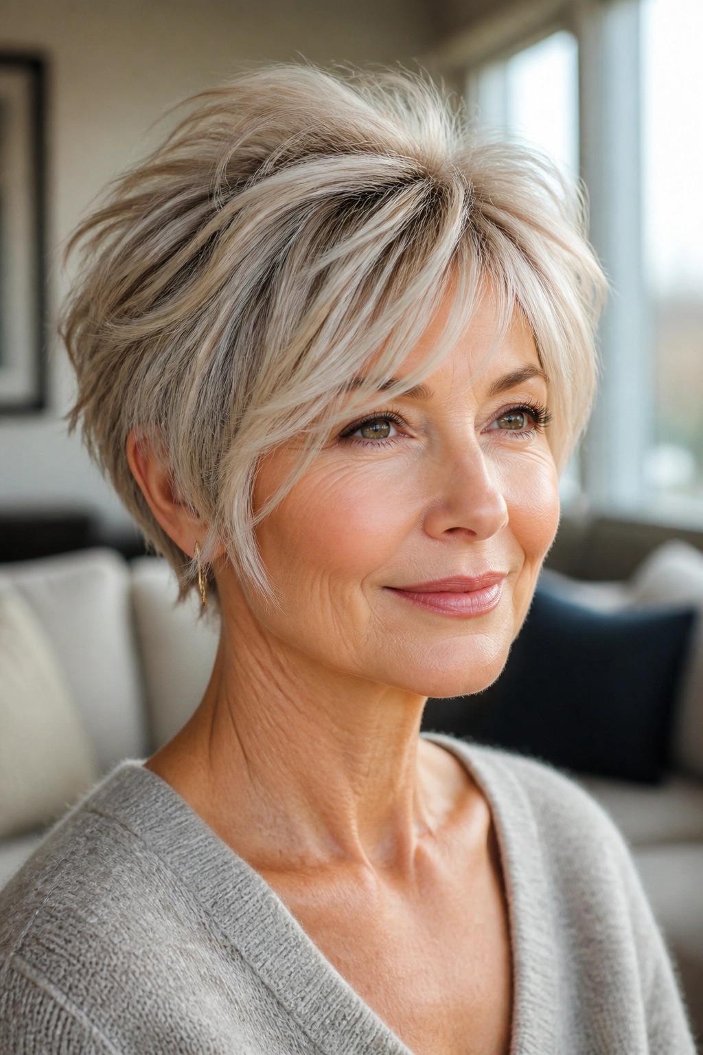 Three-quarter portrait of a woman with a long pixie and wispy layers in a bright room.