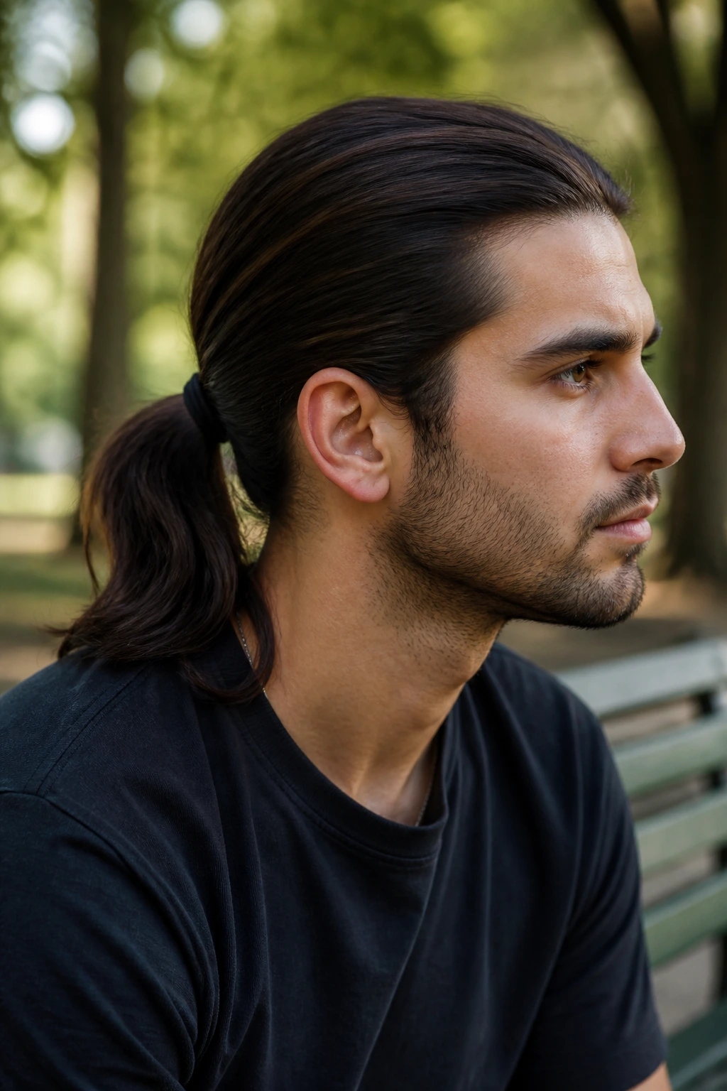 Man with long ponytail in park setting