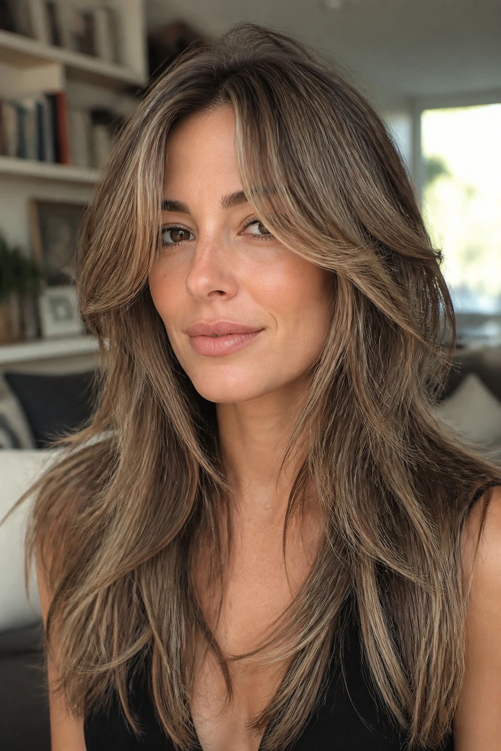 Close-up portrait of a real woman with long razor layers and face frame