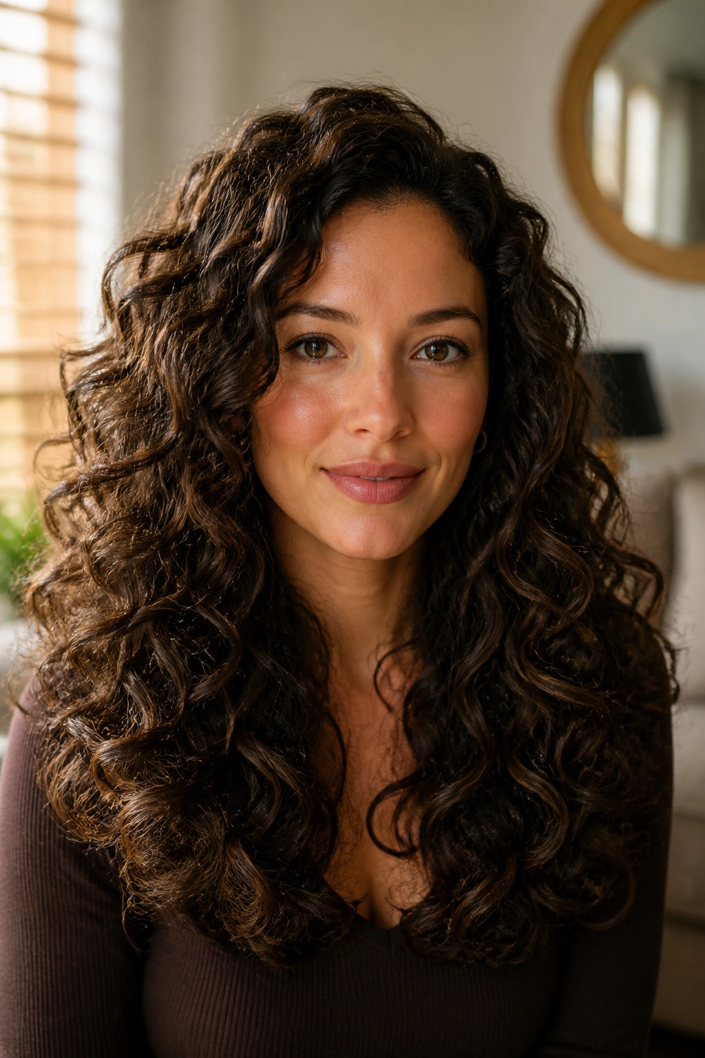 Close-up portrait of a real woman with long rounded layers in thick curly hair under warm window light.