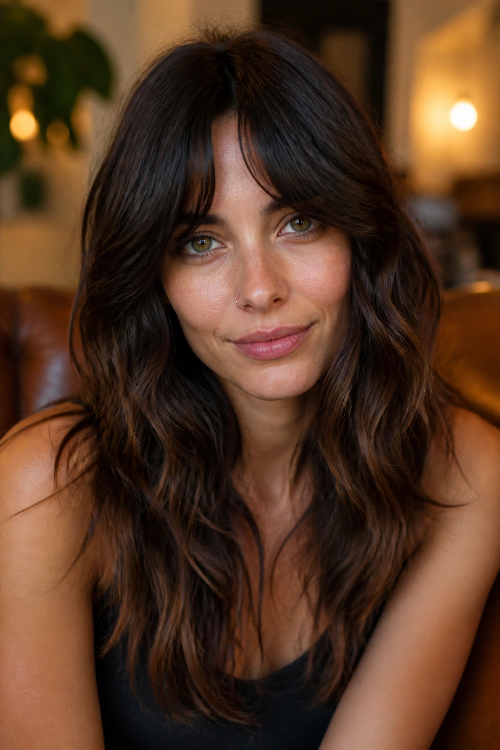 Close-up of a woman with bottleneck bangs in a long shag