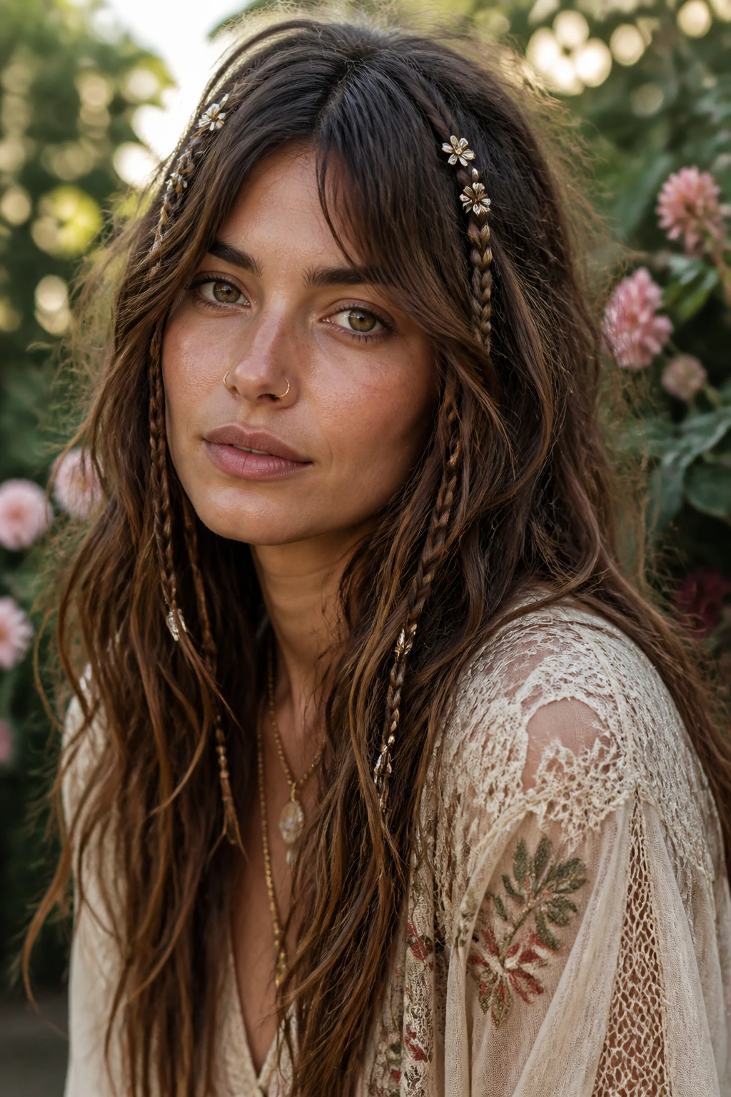 Close-up of a real woman with long shag, braids, and accessories in outdoor garden light