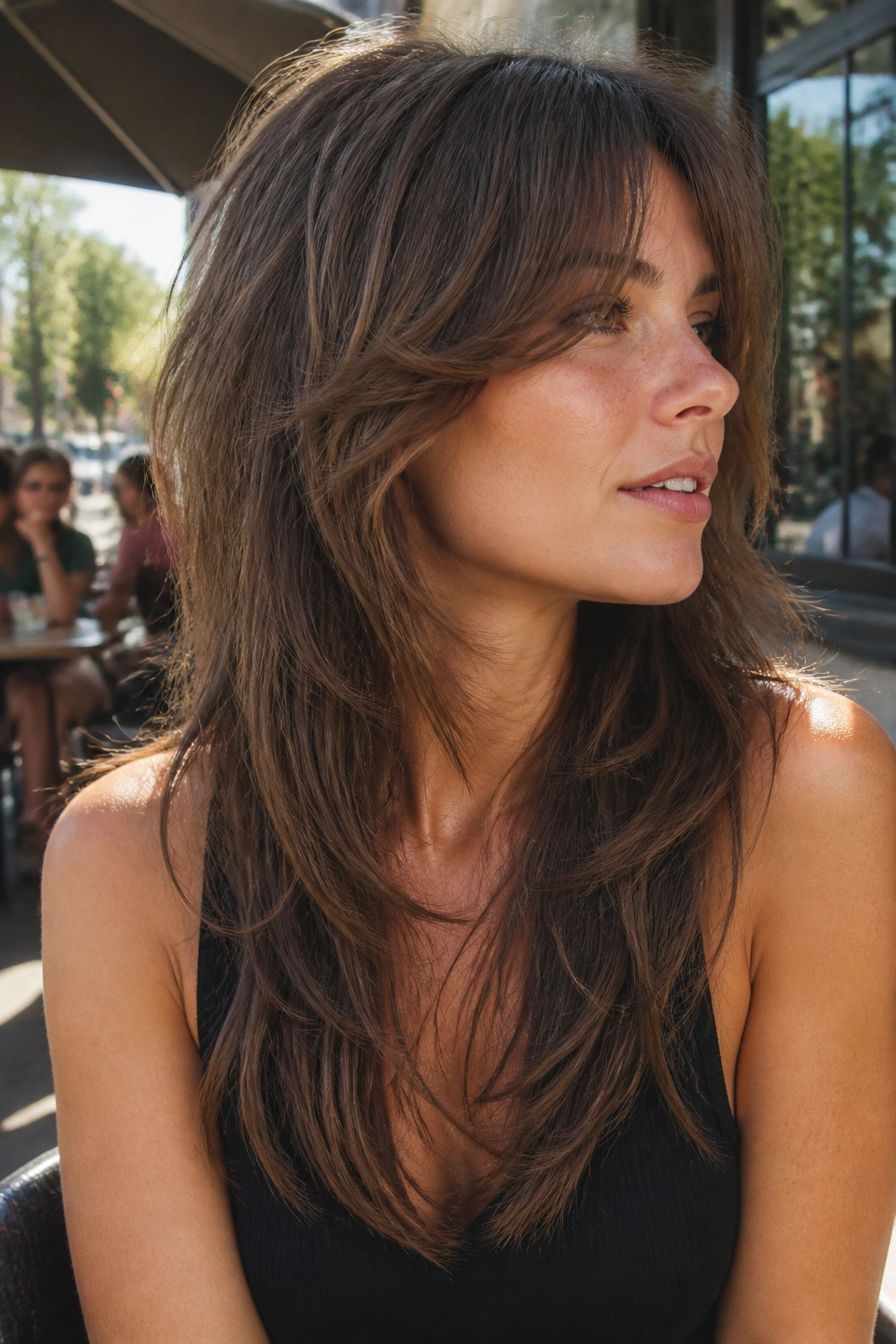Portrait of a real woman with cheekbone-layered long shag in natural daylight.