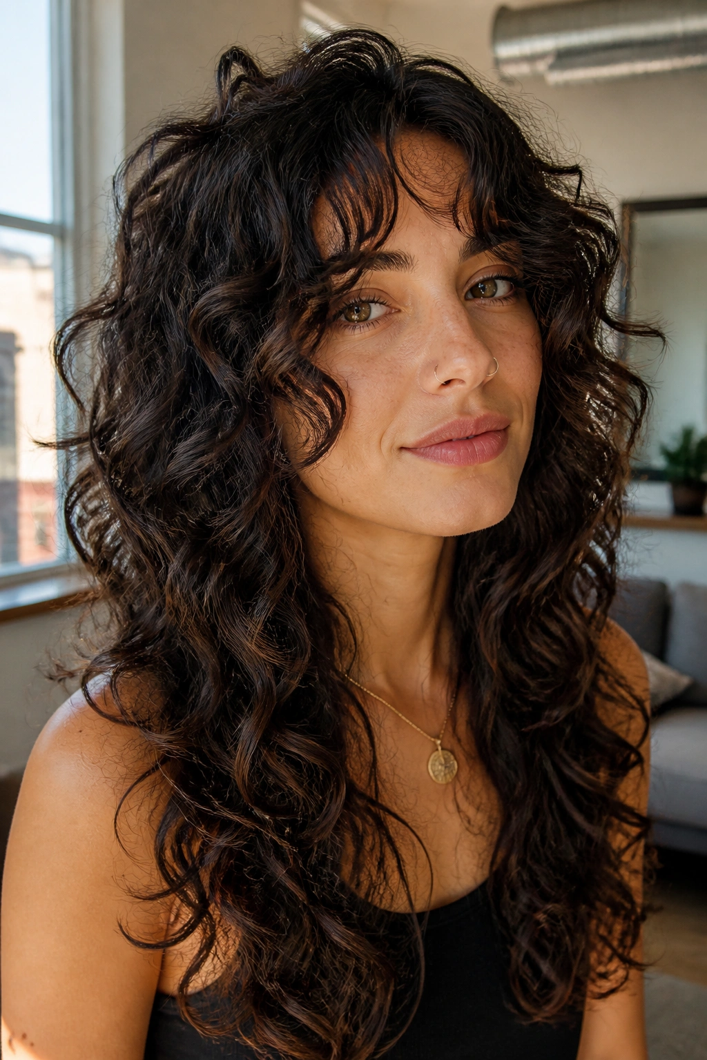 Long curly hair with face-framing pieces on a real woman