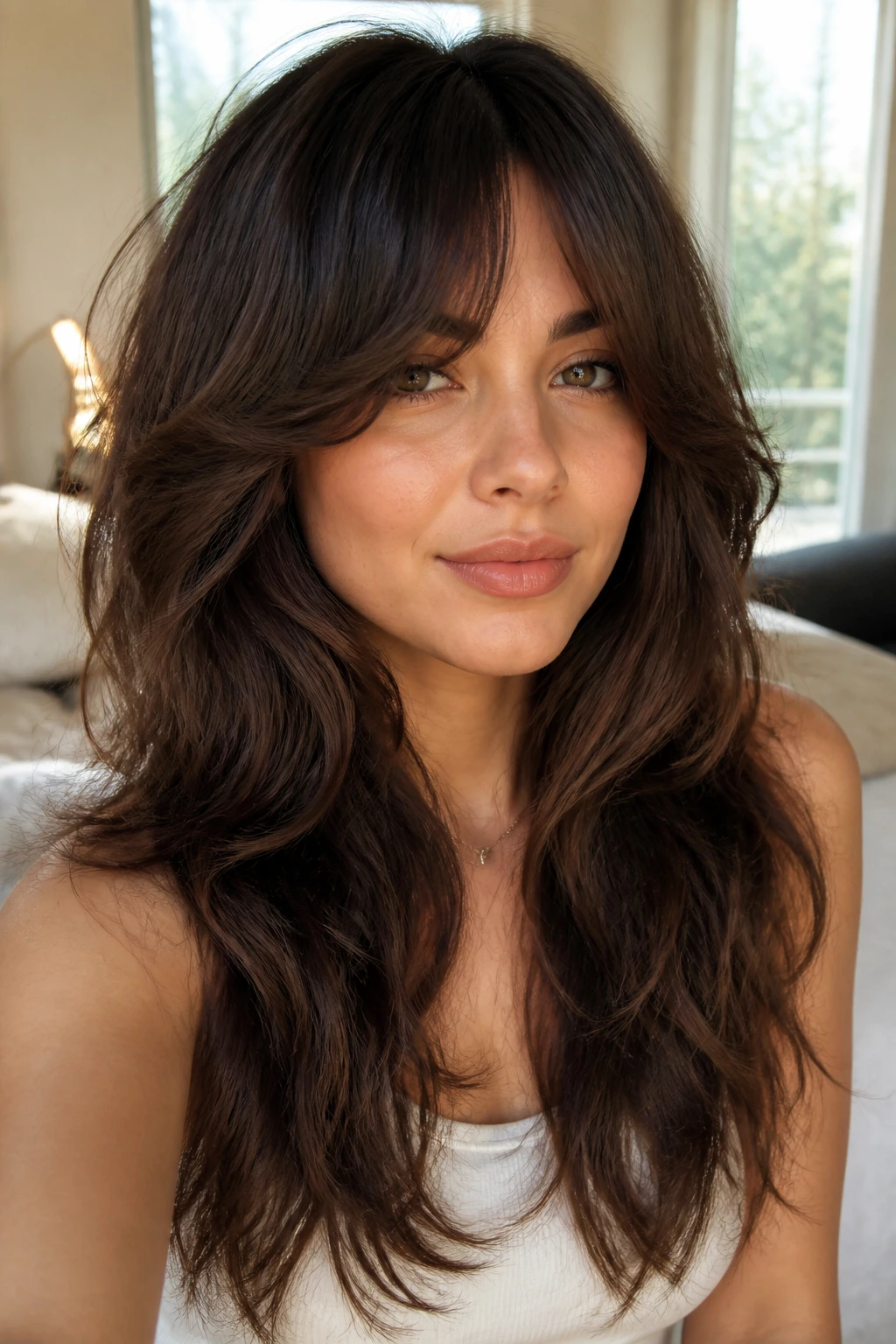 Close-up portrait of a real woman with a long shag haircut and curtain bangs, face framed and glossy
