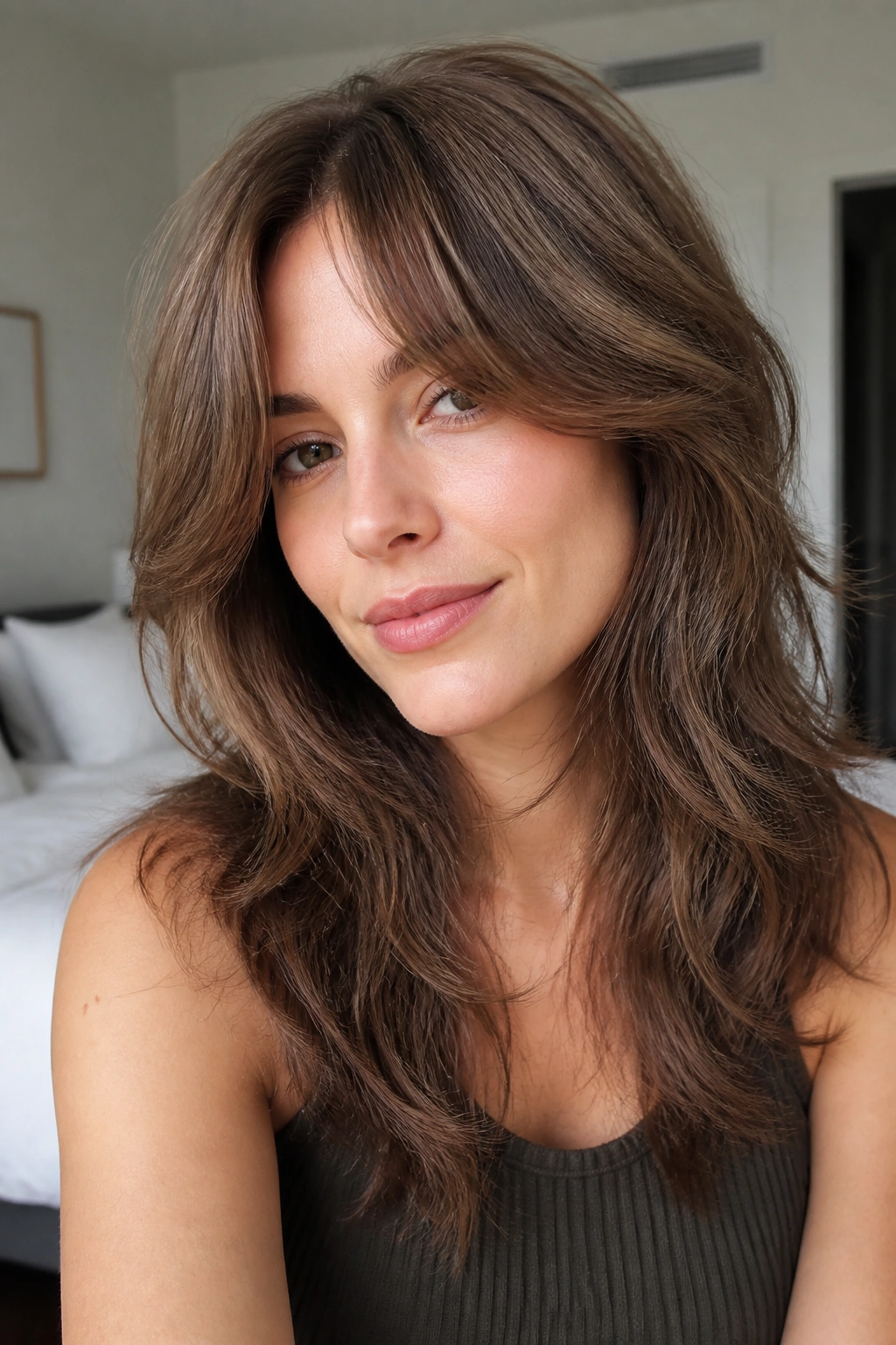 Close-up of a person with long shag and curtain bangs face framing